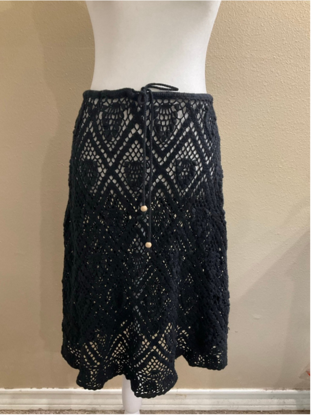 Black Crochet Knit Midi Skirt Boho Festival Beach Cover Up M